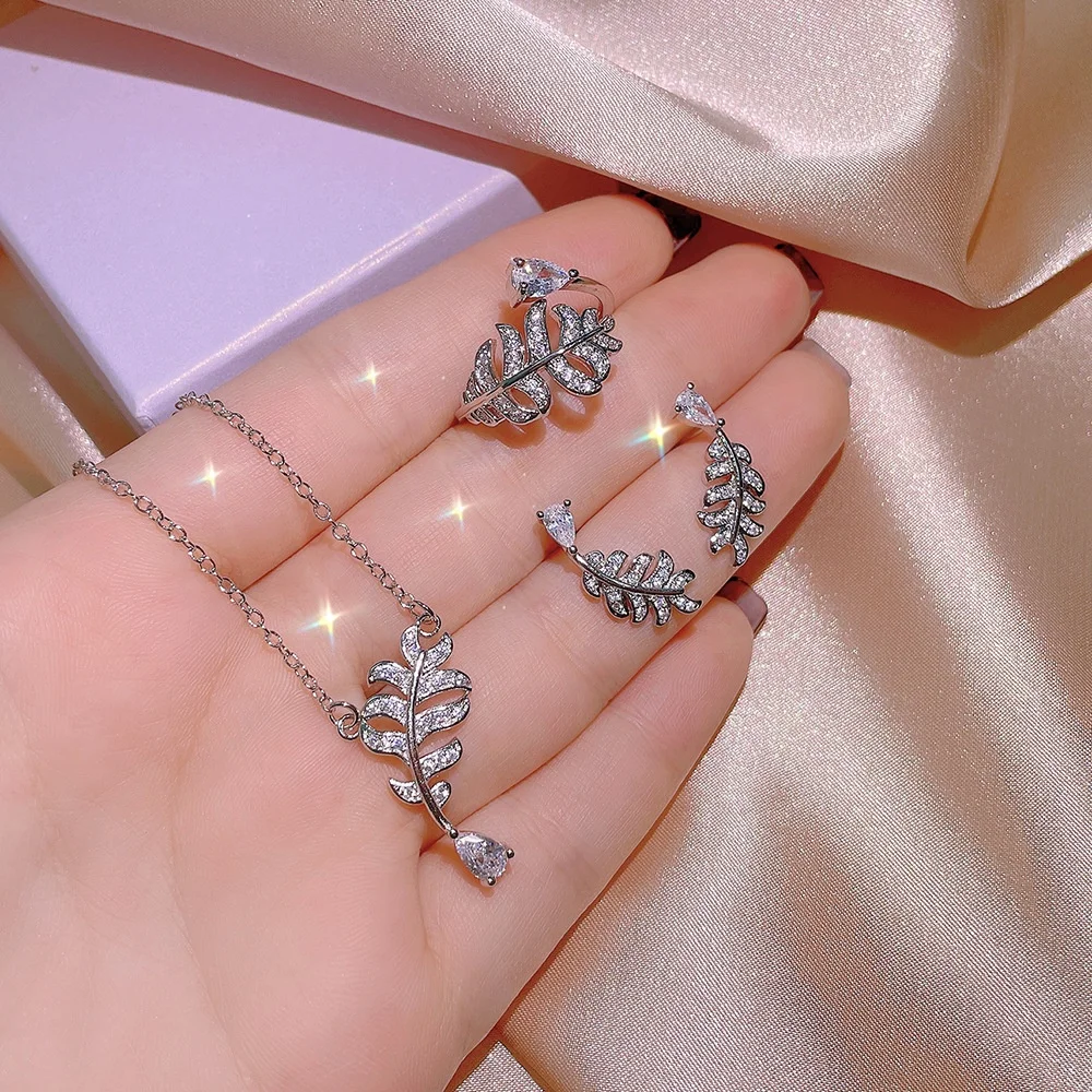 

Simple Plant Leaf Mosaic Cubic Zircon Rings earring necklace for Women Love Engagement Jewelry set Girlfriend Gift, Customized color