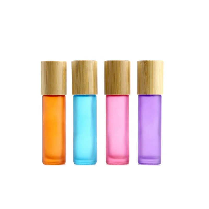 

Cosmetic packaging 10ml frosted red blue pink purple glass essential oil bottle glass roller bottle with bamboo lid