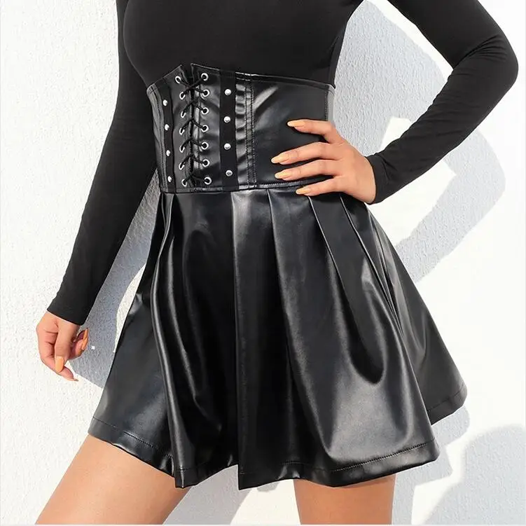 

Trendy For Ladies Bandage Pleated High Waisted PU leather skirt Mini Skirts