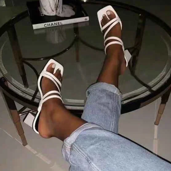 

New Arrivals Chunky Heel Open Square Toe Women Sandals Slip-on High Heel Slides Shoes Fashion Summer Ladies Slippers, Black,white