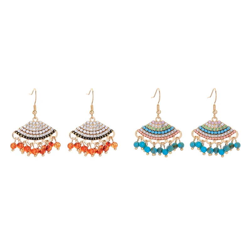 

e021676 2020 Handmade Ethnic Beaded Jewelry Fan Shaped Blue Red Beads Tassel Colorful Crystal Women Boho Charm African Earrings