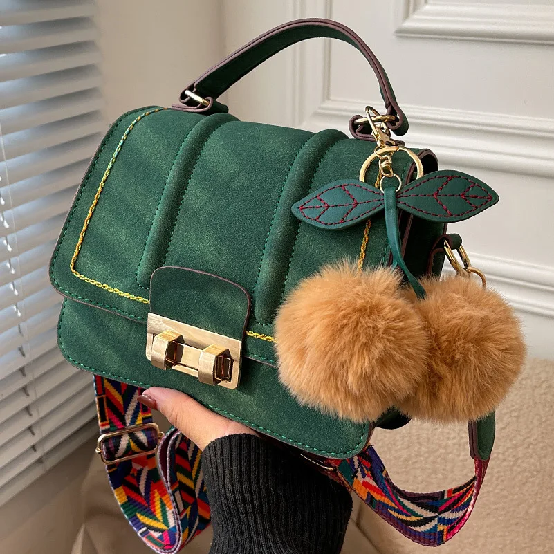 

high quality fashion small square matte leather ladies purses and handbags 3 layer utility women hand bags with plush ball, Green, red, black, brown