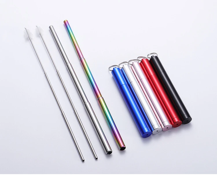

Straws with Portable Travel Case Keychain Cleaning Brush Collapsible Telescopic Reusable Metal Stainless Steel Drinking Straws, Customized color