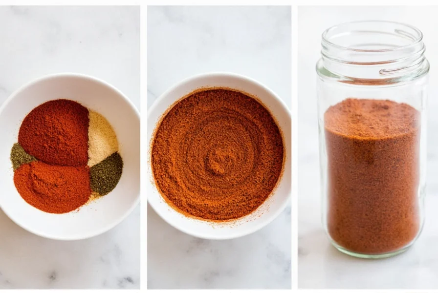 Step-by-step preparation of homemade chili spice blend showing measuring spices, mixing in bowl, and storing in glass jar