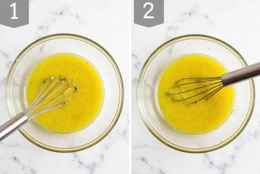 Step-by-step process of making chili lime vinaigrette in a glass bowl with whisk, showing emulsification stages