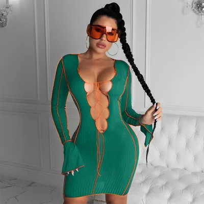 

YQ199 Wholesale women's clothes fashion sexy hollow V-neck crossover bandage long sleeve knitted Mini dress bodycon, 5 colors