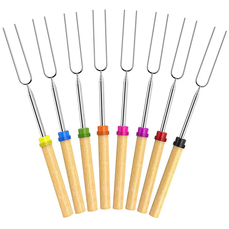 

8 pcs/set Stainless Steel Marshmallow Roasting Sticks Extendable Forks Set Wooden Handle Grill BBQ Barbecue Skewers
