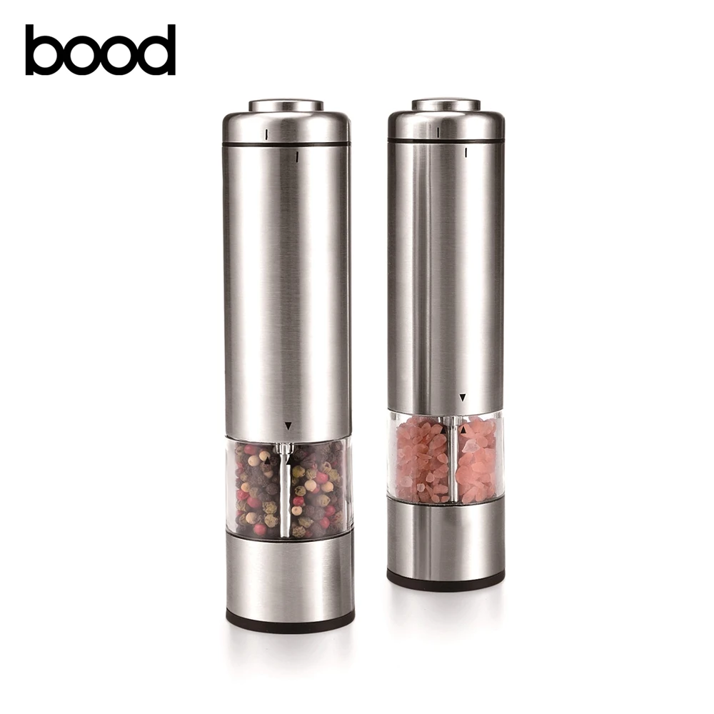 battery operated electric salt and pepper mill grinder with acrylic spice container and stainless steel body