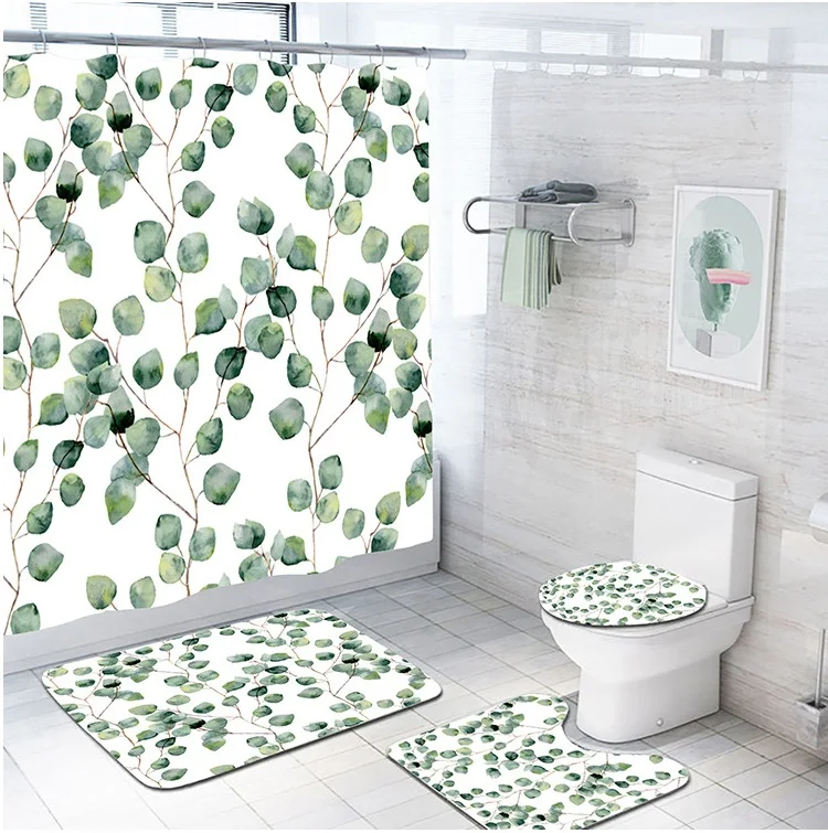 

Hotsale 4PCS Bathroom Shower Curtain Set Custom Shower Curtain with Bath Mat