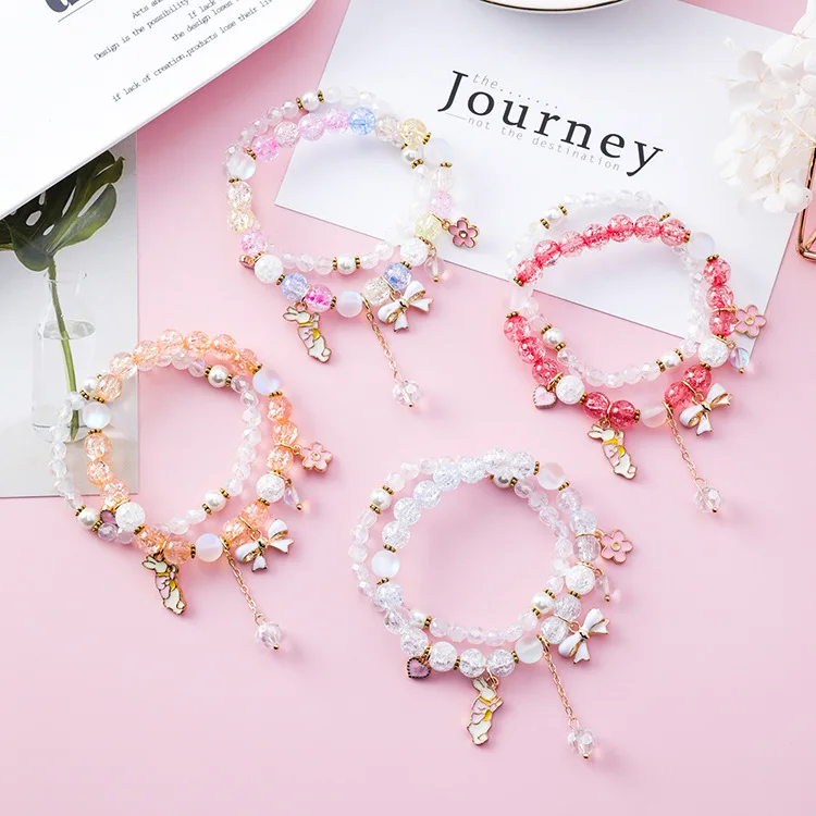 

Fashion Cartoon Rabbit Bracelets For Women Double Layer Crystal Beads Bracelets Bow-knot Flower Charm Bracelet (KB8295), As picture