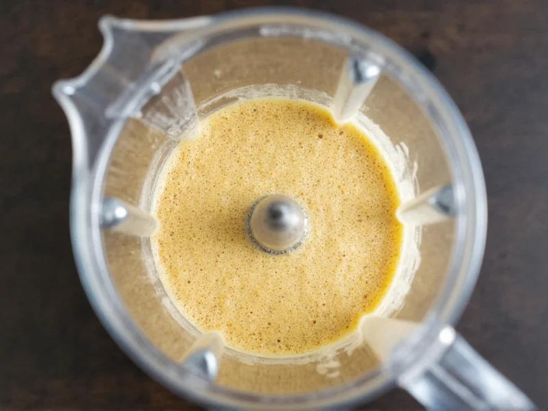 Cashew blending process showing water emulsion in high-speed blender