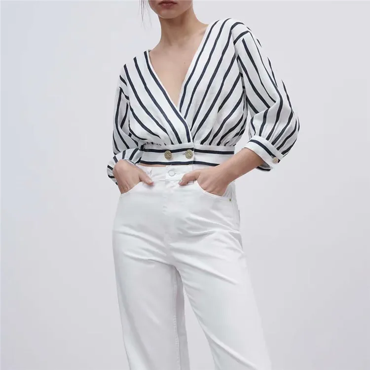 

BMURHMZA Top New Women's 2021 Spring and Summer Temperament All-match Fashion V-neck Striped Pleated Linen Short Shirt Top, Pic