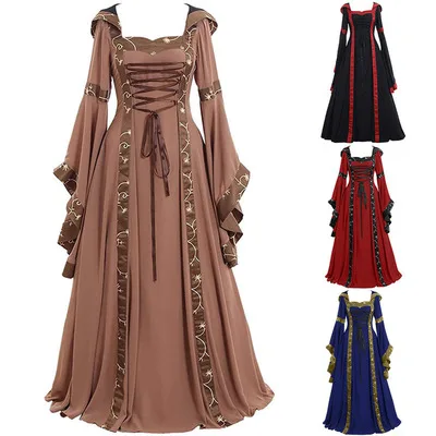 

women New Medieval dress costume Renaissance Gothic Cosplay Hooded Long Dress Women Retro Steampunk Fancy Clothes Halloween 5XL, Picture shows