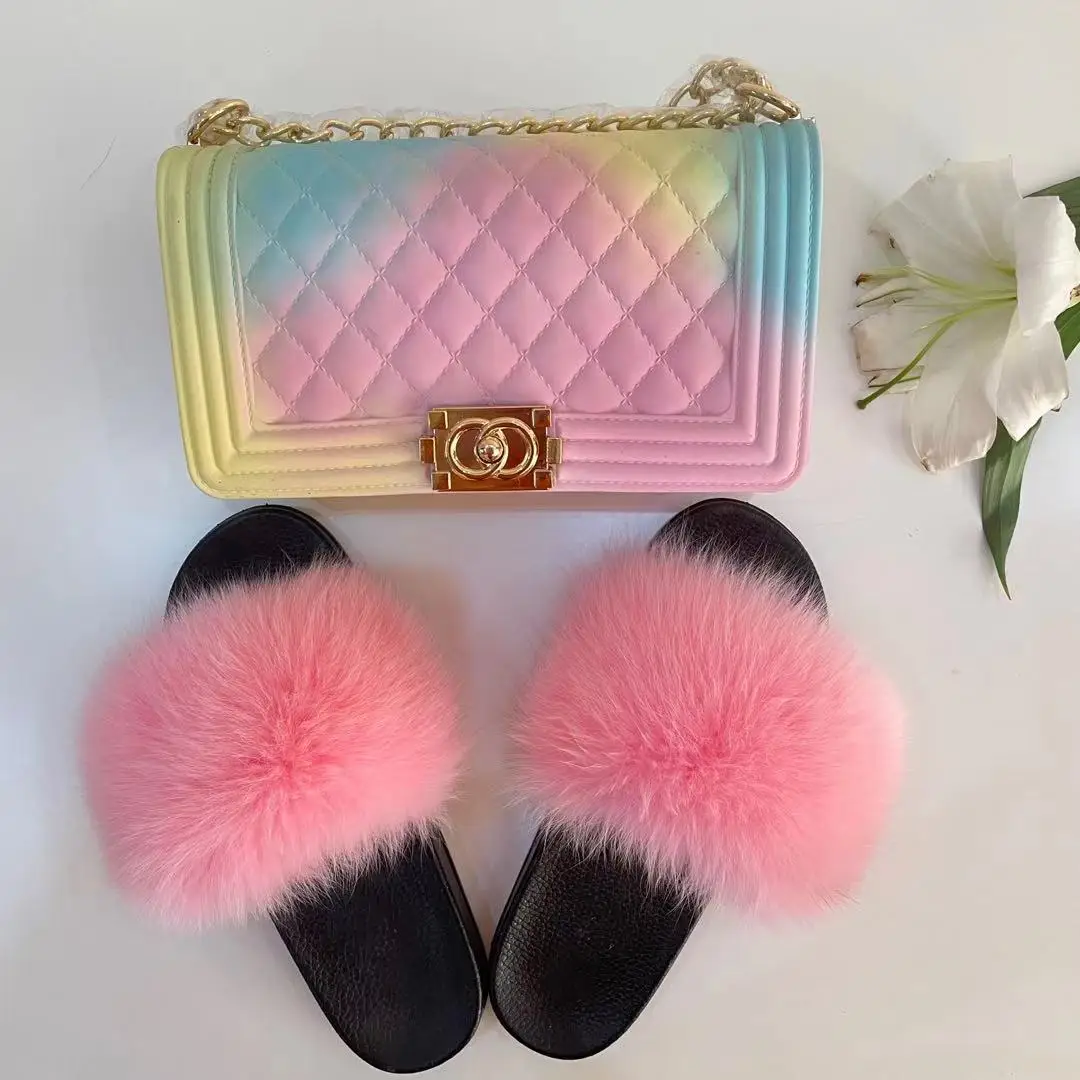 

New arrival girls luxury fluffy fur slippers, ladies fur slippers and bags
