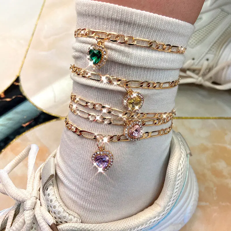 

Fashion custom colorful multilayer diamond crystal heart anklet rhinestone NK chain bracelet jewelry, As pictures