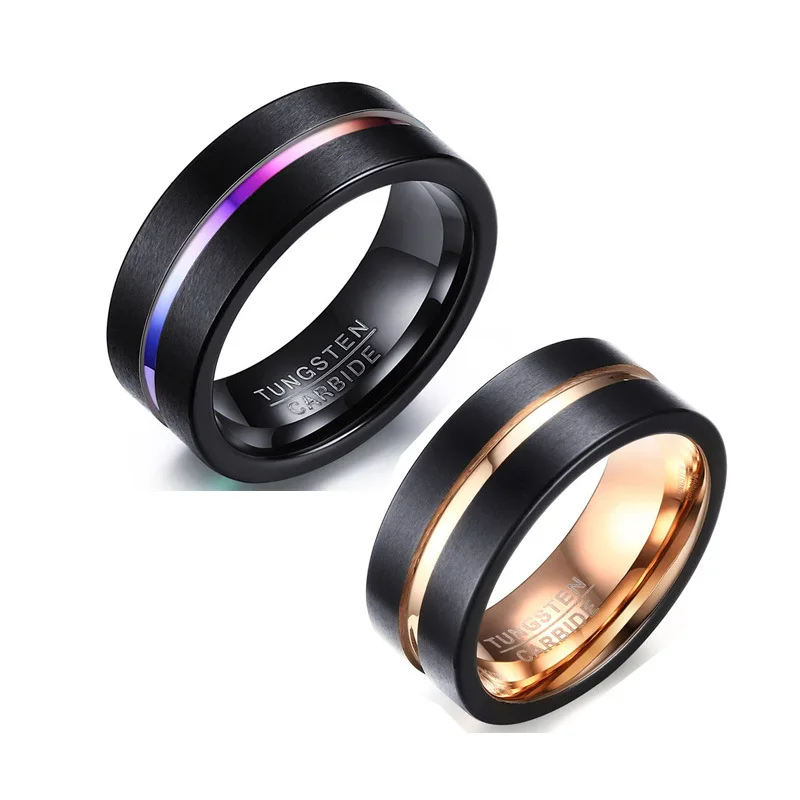 

Classical Rose Gold/Color Intermediate Grooved Wedding Bands Matte Finish Men 8mm Black Tungsten Carbide Rings