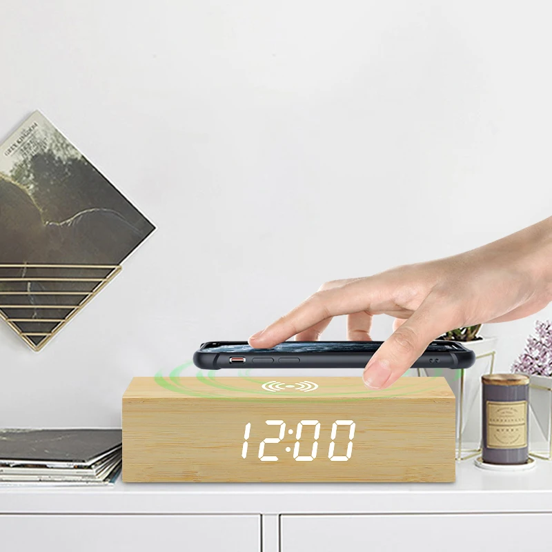 

Modern Hotel Rectangle Alarm Clock Led Digital Table Mobile Phone Qi Wireless Charging Bamboo Digital Clock