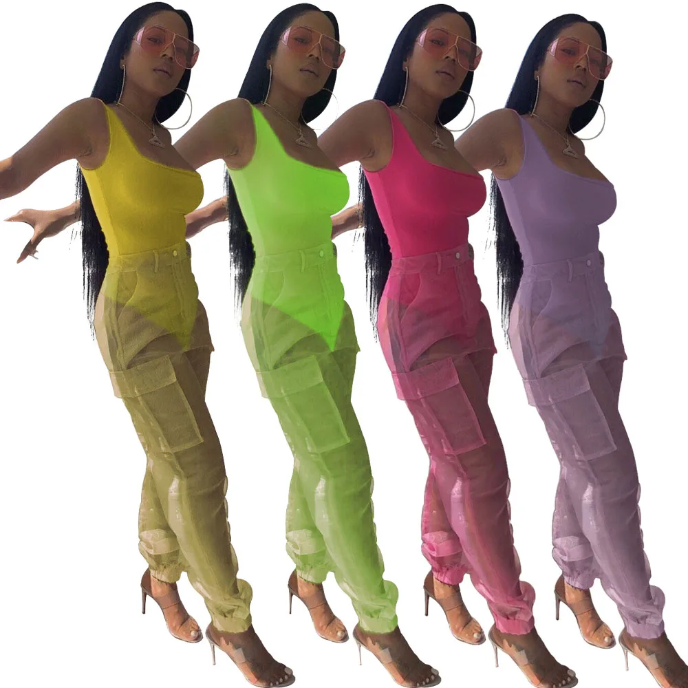 

New Design Sexy Women Set Vest Jumpsuit Pocket Long Pant Solid Color Suit, Picture