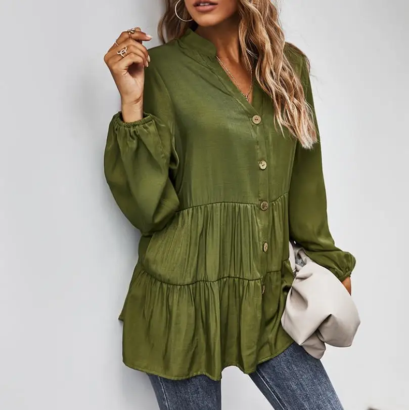 

Shirts Autumn Spring Casual Ruched Baggy Womens Clothes Black Long Sleeve Button Up Blouses Fall Tops For Women Fashion Sexy, As picture