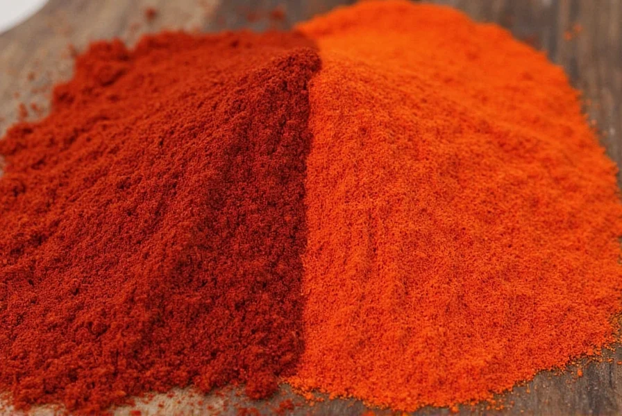Close-up comparison of smoked paprika and regular paprika in spice jars showing color differences