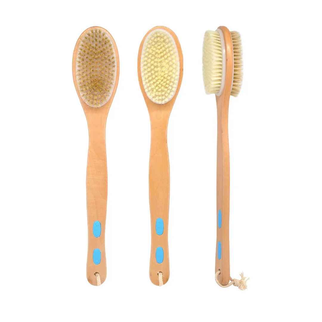 

Wholesale Custom Logo Long Handle Double Soft Bristle Exfoliating Wash Back Bath Bamboo Shower Cleani Scrub Dry Body Brush