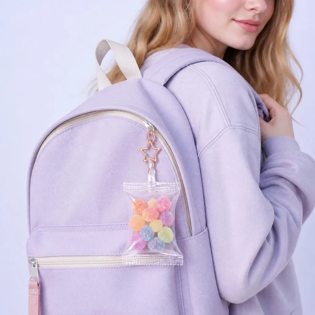 Pastel Backpack with Candy Bag Keychain Attached