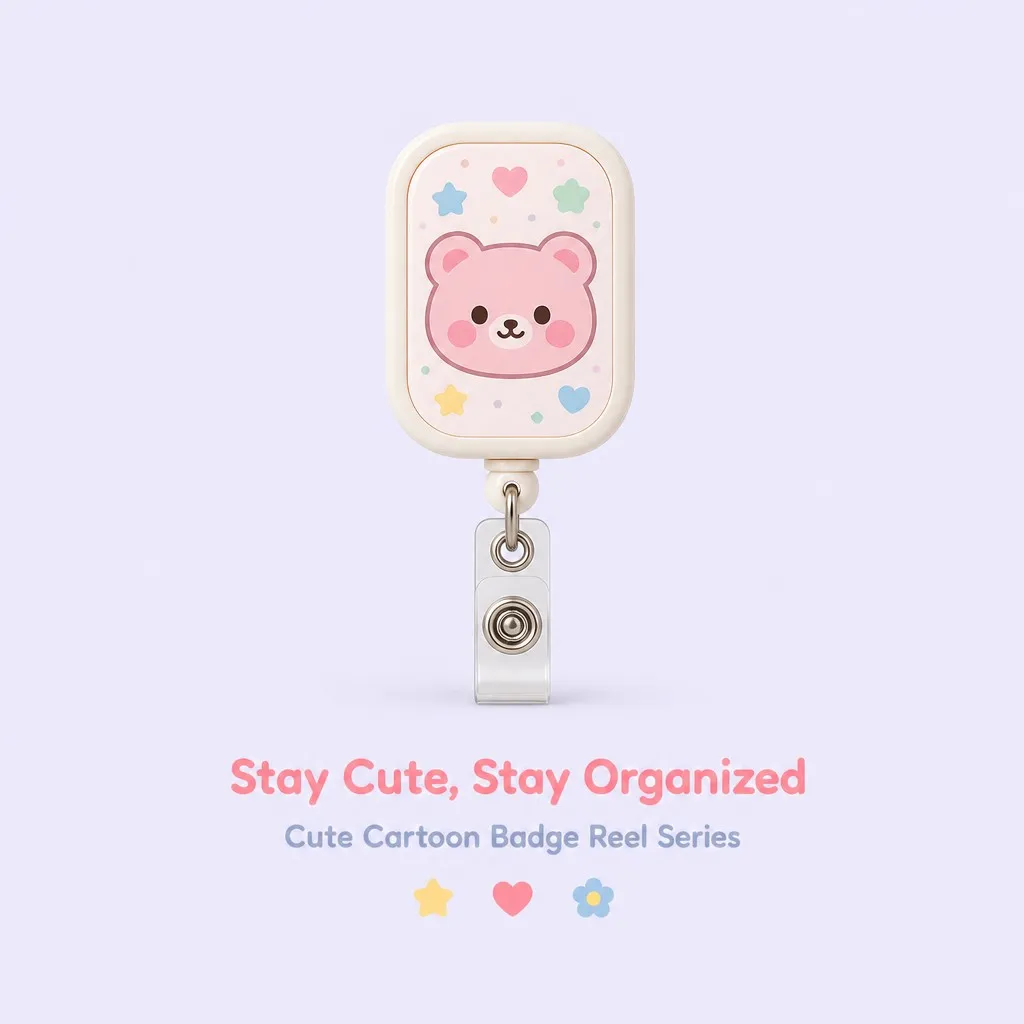 3-step guide showing how to use the badge reel: open clip, attach ID, clip onto clothing