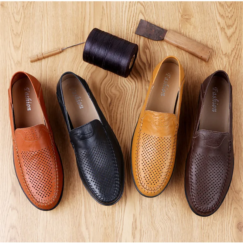 

Men Leather Shoes Men's Hollow Breathable Fashion Trend Brown Black Business Formal Summer Good Quality Leather Shoes, As the picture display