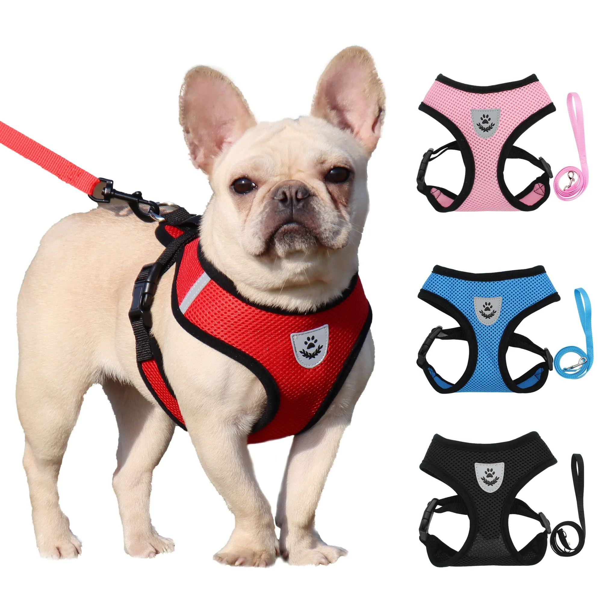 

High Quality Breathable Mesh Small Dog Pet Harness and Leash Set Puppy Cat Vest Harness Collar, As shown below