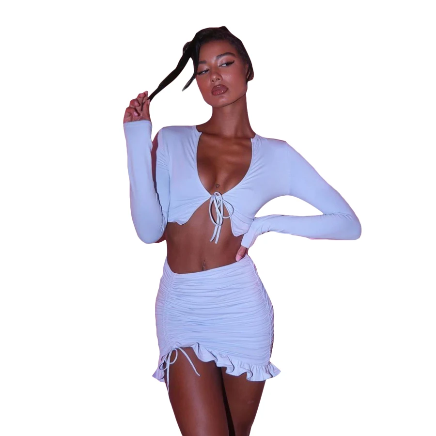 

S1737930 ruffle woman's outfit sexy Bandage Cardigan crop tops & Pleated mini Skirt 2Piece set women