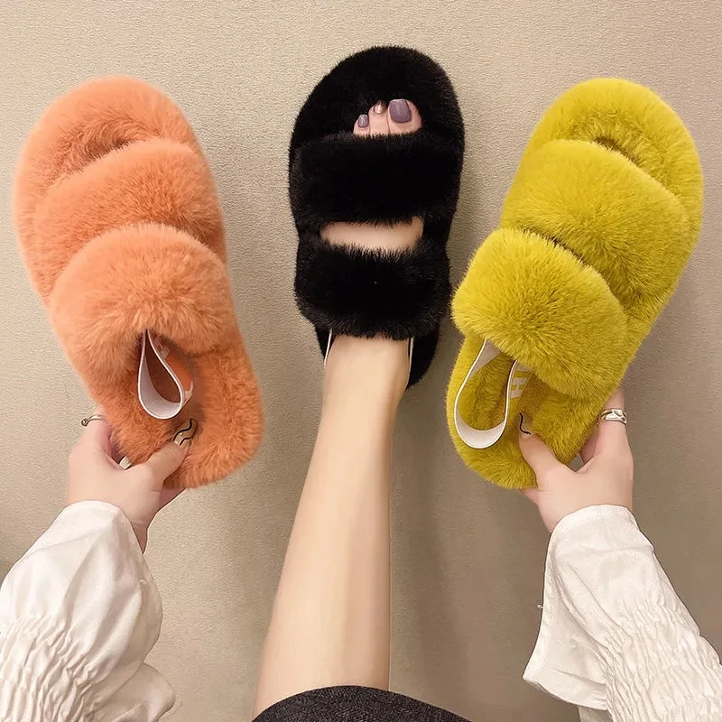 

Hot Sale women furry shoes platform faux fur slides plush thick sole ladies slippers outdoor women sandals