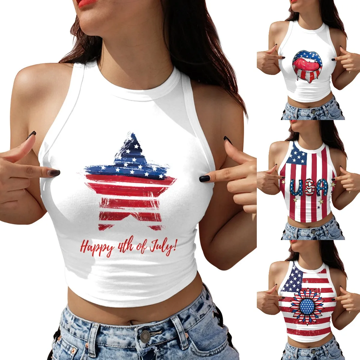 

NADANBAO Custom Digital Printing Independence Day Graphic Women Crop Top America USA Flag Print Women Tank Top