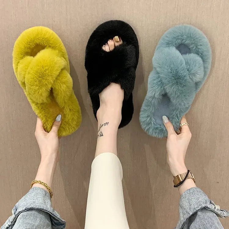 

New fashion warm artificial fur women's slippers multicolor fluffy Plush indoor women's slippers, Customed