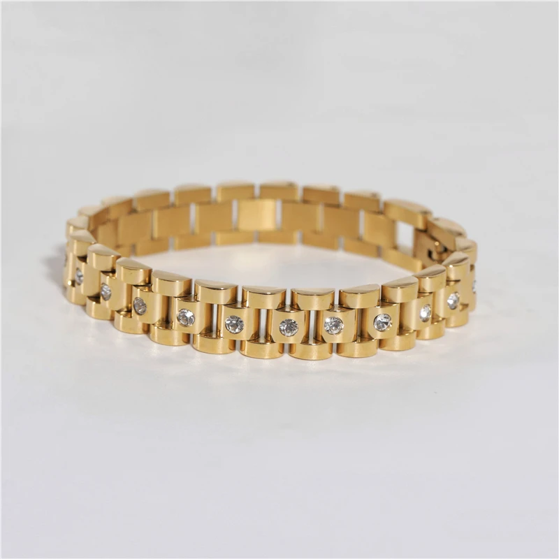 

18K PVD Gold Plated Link Chain Chunky CZ CZ Crystal Band Stainless Steel Bracelet Fashion Jewelry