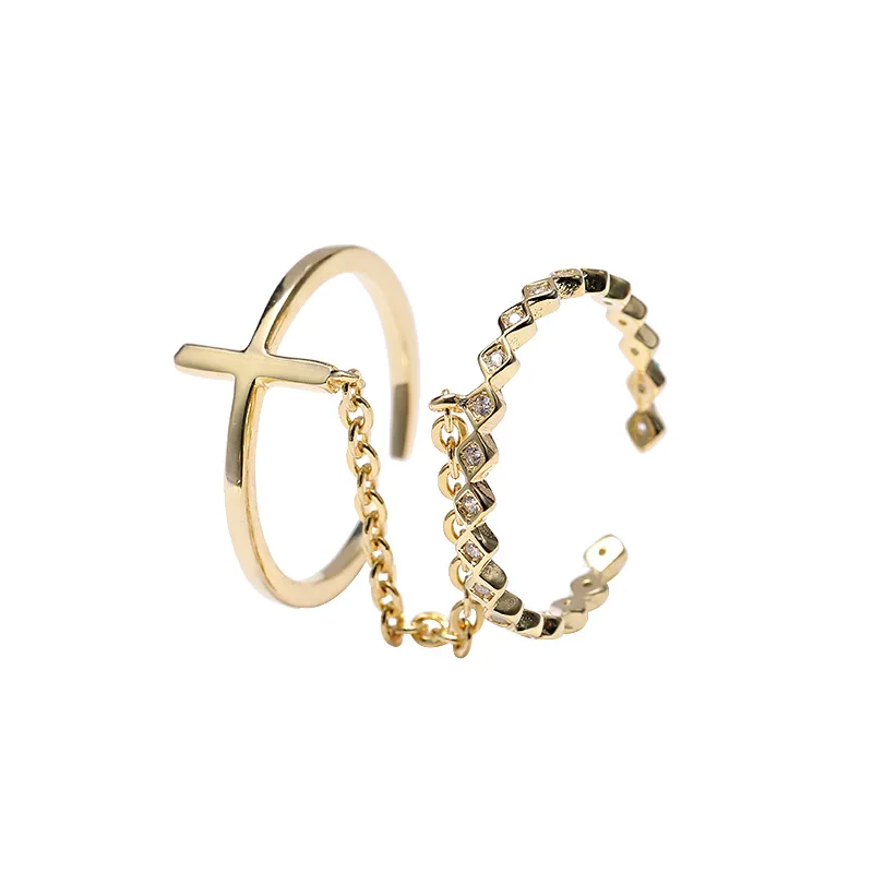 

New Arrival Gold Jewelry Toe Rings Ins Luxury Female Diamond Cross Chic Index Finger Chain Tail Ring Set For Women