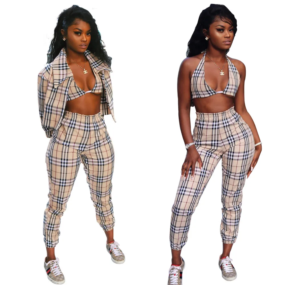 LH6174 women stylish plaid pants and bra clothing boutique outfits