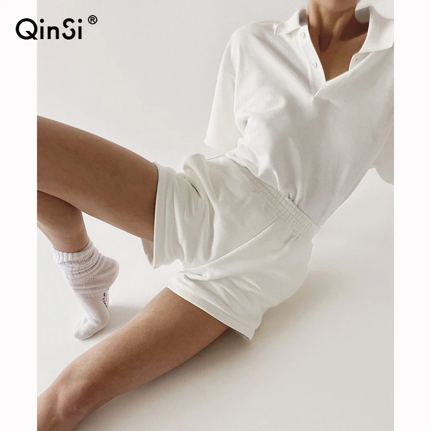 

QINSI QINSI High Street Tracksuit Casual Knitted 2 Piece Set Ladies White Two Piece Sets Women Summer T Shirt And High Waist Sho
