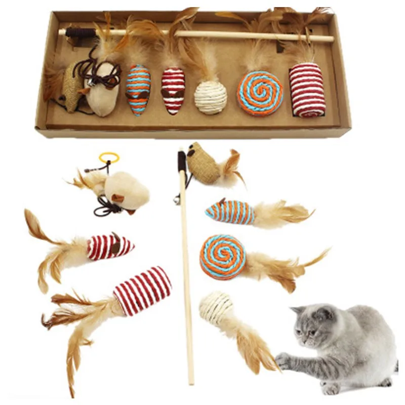 

Cat Toys 7pcs Ball Pet Cat Toy Set Feather Teaser Wand Catnip Katten Sisal Speelgoed Yuko interactive Cat Toy Box Set