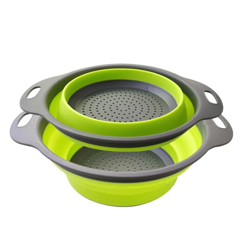 

Silicone Collapsible Colander Set with Quick Draining Holes Foldable Kitchen Food Strainer Basket with raised feet