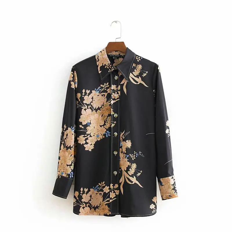 

New Design Long Sleeve Black Color Floral Print Shirt Women Fashion Tops