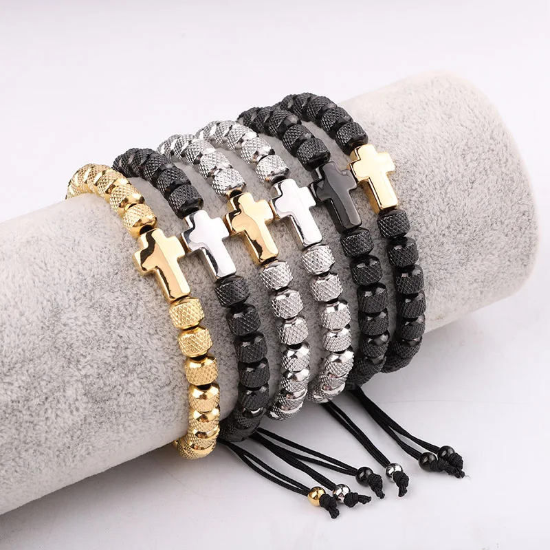 

High Quality New Design Stainless Steel Beads Cross Charm Customized Logo Macrame Men Friendship Bracelet
