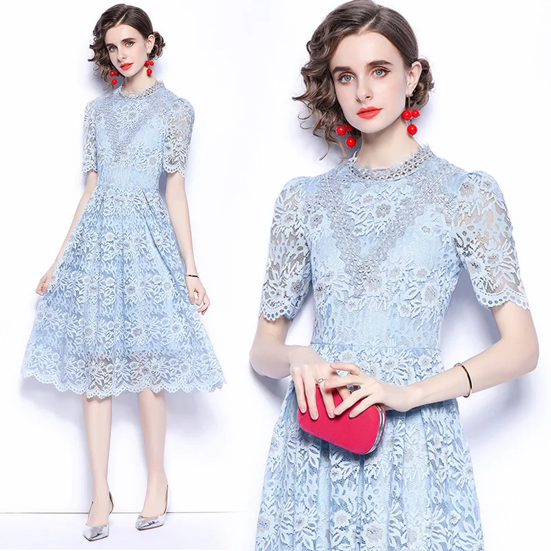 

Spot sale 2021 new women's clothing wholesale fashion clothing elegant casual dress round neck short sleeve lace dress