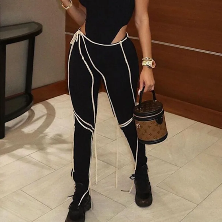 

Women's Lace Up Black Sweatpants Leggings For Women Trousers Joggers High Waist Bandage Ladies Pants Streetwear B1078
