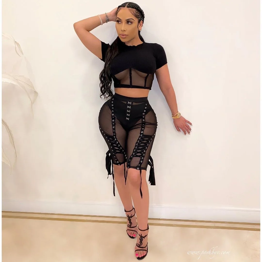 

2020 Hot Selling Women Sexy Bandage High Waist See Through Mesh Shorts Lace Up Tassel Party Shorts