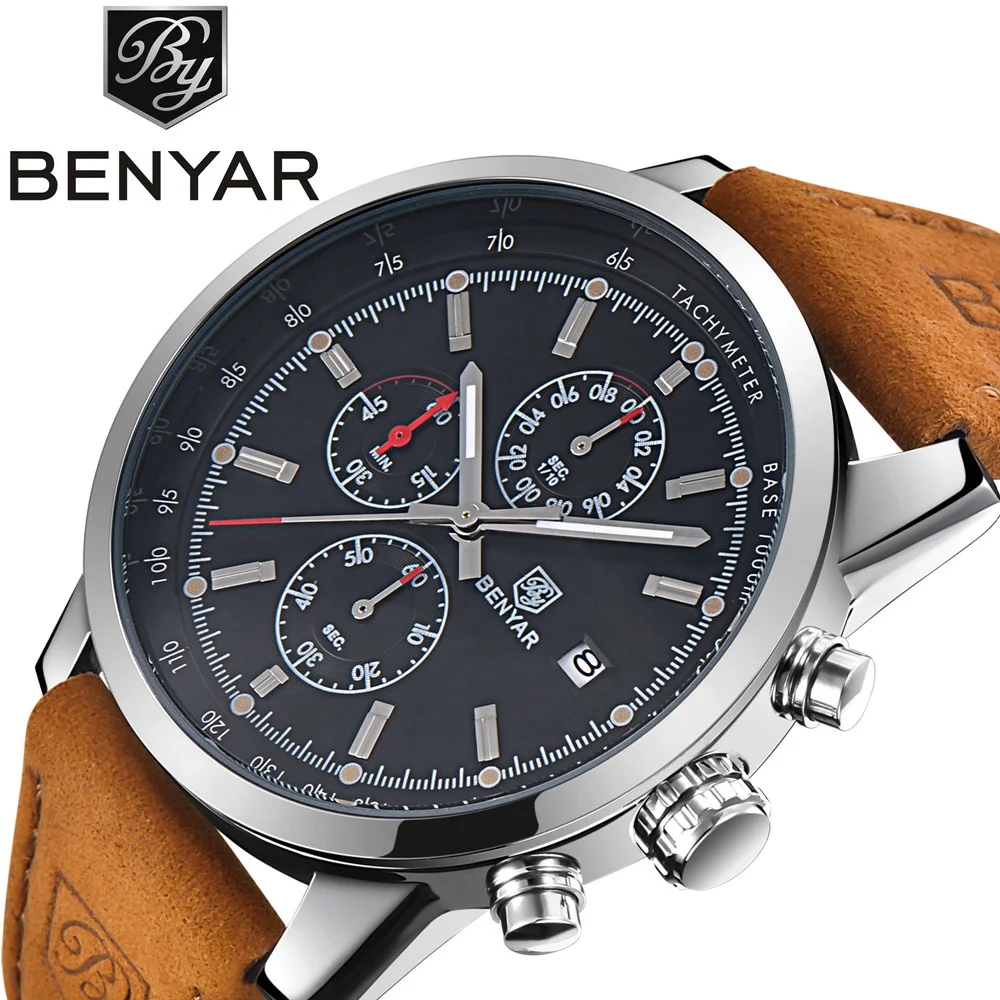 

Benyar Men Watch Top Brand Luxury Male Leather Waterproof Sport Quartz Chronograph Military Wrist Watch Men Clock relogio