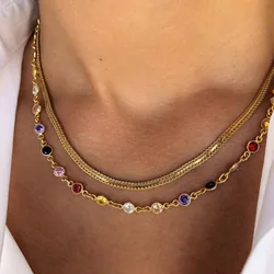 2021 Best Selling Gold Plated Layered Link Chain Necklace Colorful CZ Crystal Beads Choker Necklace For Summer Women