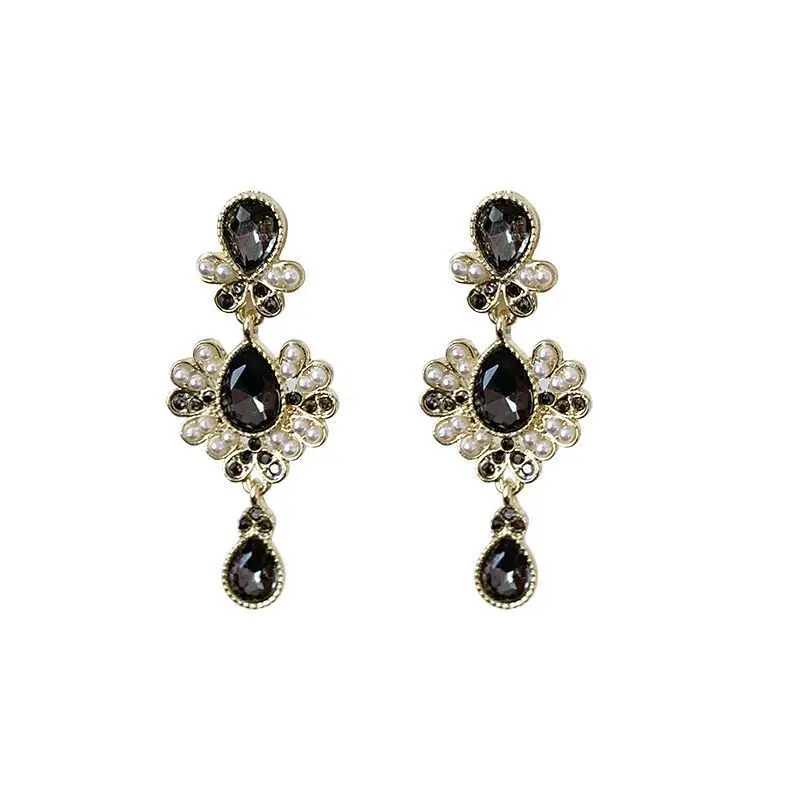 

S925 Silver Pin Black Flower Earrings Fashion Girl Long Dangle Earrings with Crystal Earrings for Women Jewelry