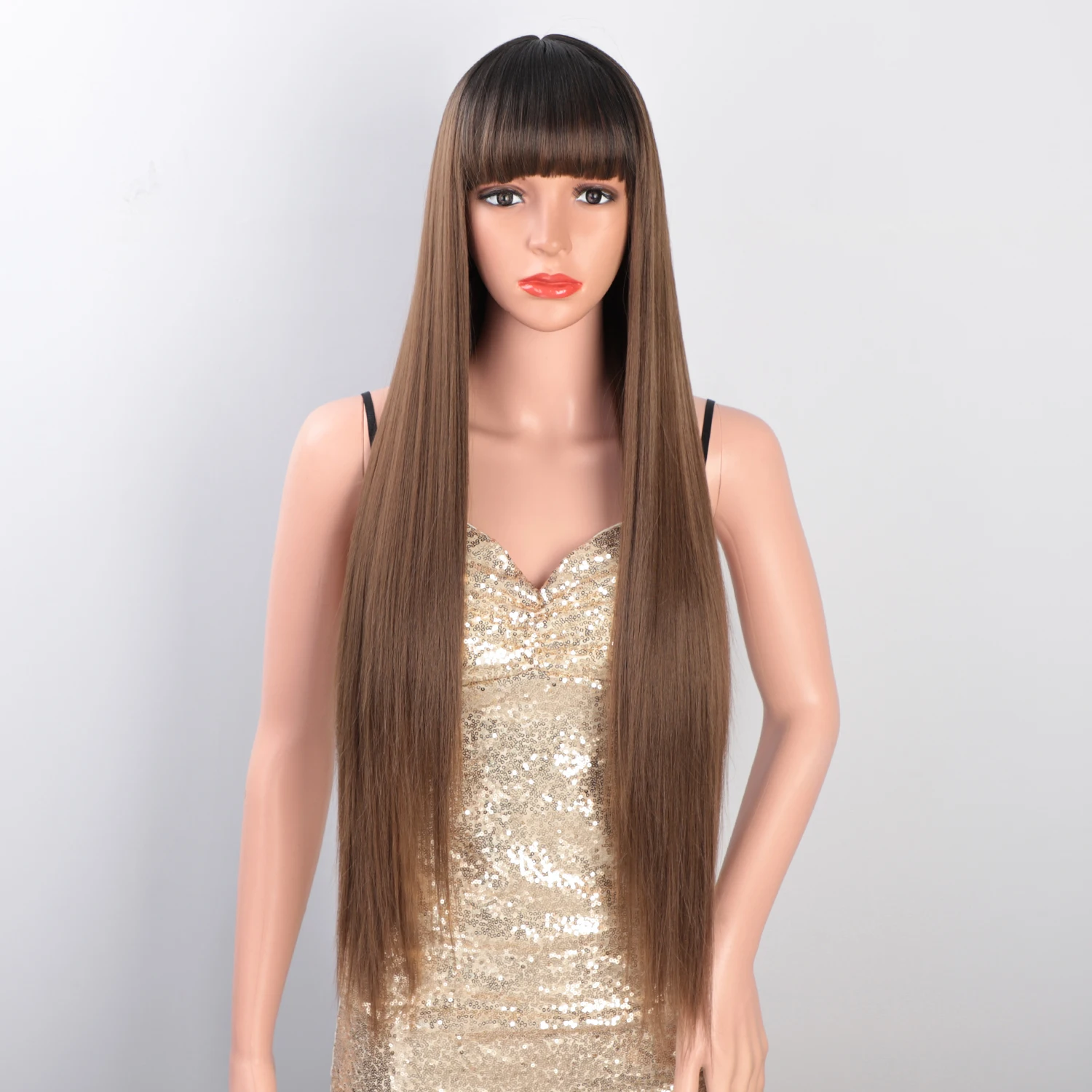 

Aisi Hair Wholesale Cheap Vendor Long Silky Straight Wave Ombre Brown Wig With Bangs For Black Women Synthetic Hair Wigs