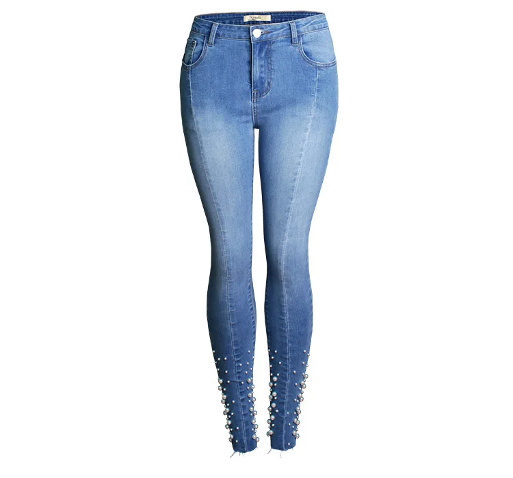 

Spring new jeans women slim elastic buttock to show thin nail beaded small trousers temperament commuter