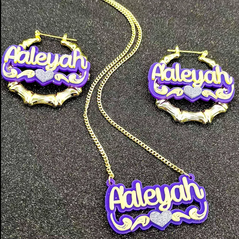 

Personality Blue Acrylic Hip Hop Big Custom Name Hoop Earrings 18K Gold Plated Bamboo Resin Acrylic Custom Name Earrings